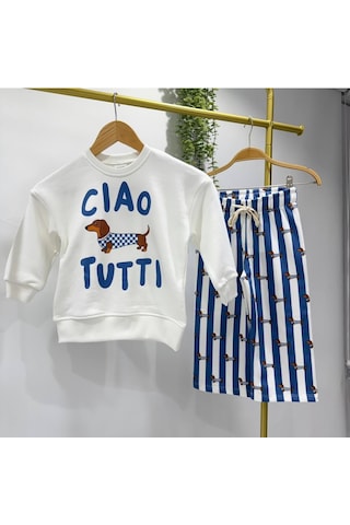 Ciao Tutti Baskılı Sweatshirt Sosis Köpek Baskılı Mavi Çizgili Eşofman 3ip Unisex Alt Üst Takım Beyaz