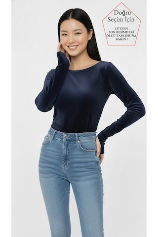 Smalltouch Kadın Parmak Geçmeli Uzun Kollu Kadife Kumaş Bluz Lacivert