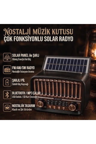 Büro Ev Ofis si İçin Nostalji Tema Solar Şarjlı Aux Bt Fm Radyo