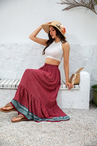 Kadın Bohem Retro Baskılı Salıncak Etek Kırmızı