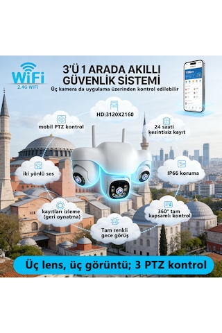3 Kamerali 3 Ptz 3x6mp Wifi Lle Calisan Guvenlik Kamerasi Full Hd Ip66 360