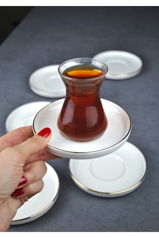 6 Kişilik Porselen Çay Tabağı Gold Yaldızlı 6 Adet Sade Modern Çay Tabak -çizgili