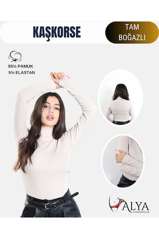 Alya Underwear Kaşkorse Tam Boğazlı Body Sweatshirt, Fitilli Kumaş, Likralı, Gül Kurusu Bej Kemik