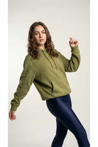 Hoxie Unisex Rahat Kesim Pamuklu Yumuşak Dokulu İçi Polarlı Basic Desenli Kapüşonlu Sweatshirt Yeşil