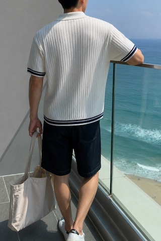 Tarz Cool Oversize Fit Çizgili Triko Polo Yaka Erkek Tişört Ribana Dokulu Premium Yazlık Model Beyaz
