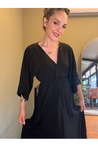 Ali Butik Siyah Yarasa Kol Kruvaze Yaka Viskon Elbise