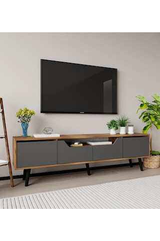 Roma Ahşap Ayaklı Tv Ünitesi Tv Sehpası Ceviz-antrasit