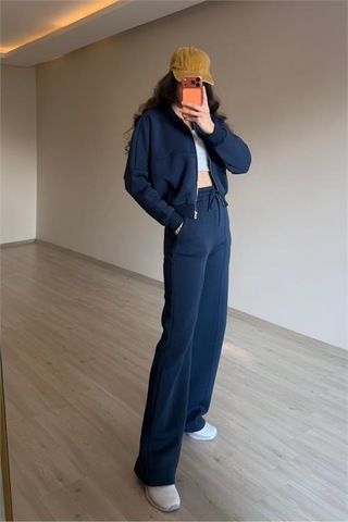 Neşeli Butik Kadın Oversize 3 İplik Cepli Eşofman Takımı Nm029 Lacivert