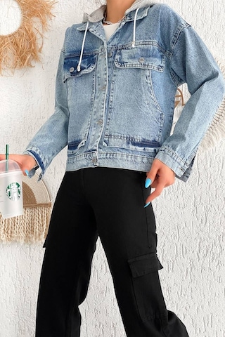Kadın Çıkarılabilir Kapüşonlu Cepli Denim Ceket Astarsız & Çok Amaçlı Kullanım Mavi