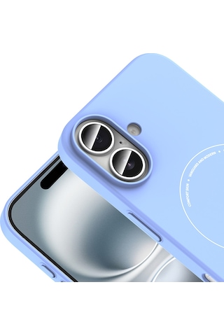 iPhone Uyumlu 16 Kılıf M-safe Şarj Özellikli Kamera Korumalı Ata Elio Sert Pc Kapak - Açık Mavi Çok Renkli