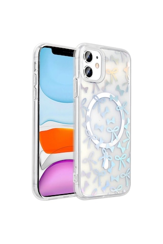 Techaks Apple Uyumlu iPhone 11 Kılıf M-safe Şarj Özellikli Şeffaf Zore Folk Sert Kapak - Fiyonk Beyaz