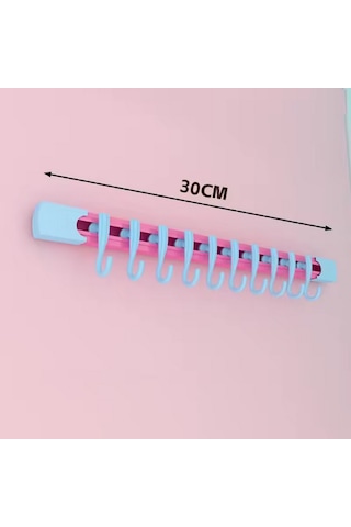 Yapışkanlı Portatif, Mobilya, Duvar, Dolap, Banyo Organizer Askılık, 10 Kancalı, 30 Cm, Pembe