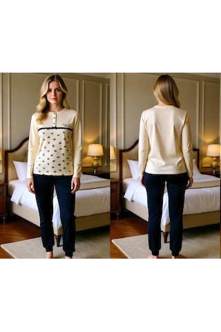 Kadın Pamuklu Vanilya Renk Pijama Takımı Al506 Krem