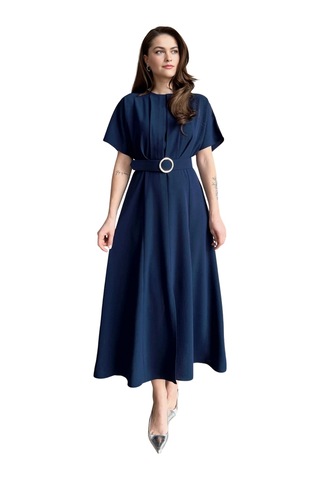 Bisiklet Yaka Pileli Yarasal Kol Kemerli Önden Yırtmaçlı Midi Boy Elbise Lacivert