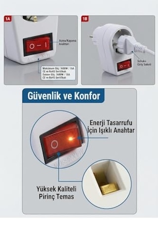 Anahtarlı Topraklı Priz Adaptörü 16a 3680w Işıklı Tekli Golyat Priz, Yüksek Güvenlikli, Tse & Ce Belgeli Enerji Tasarruflu Beyaz Priz Almera