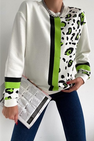 Femelle Kadın Leopar Desen Pamuk Sweatshirt Beyaz