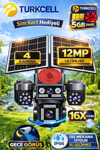 Onqam On-sg4474 12mp 4 Lens 4g Çift Solar Panel Hieasy Aov Sürekli Kayıt Gece Görüş Çift Yönlü Ses Turkcell Sim Kart