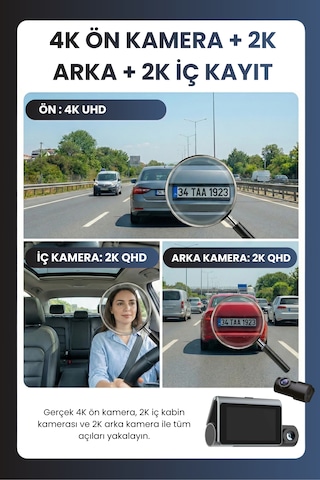 Mieco X18 Wifi /4k Uhd/ 170 Ultra Geniş Açı/ Adas/ G-sensör / 3 Kameralı Araç Kamerası