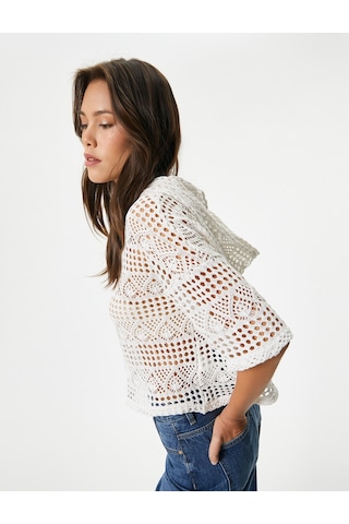Koton Crop Ajurlu Sweatshirt Kapüşonlu Kısa Kollu Kırık Beyaz 4sak10453ek Ekru