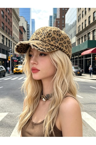 Valkyrie Vintage Leopar Desenli Eskitmeli Kadın Şapka Ayarlanabilir Beyzbol Şapkası Pamuk Baseball Cap Kahverengi