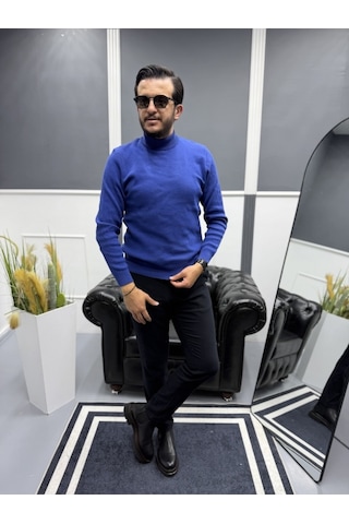 Avni Ceylan Modern Erkek Slim Fit Balıkçı Yaka %100 Pamuk Pike Örgü Triko Kazak A.laci/saks