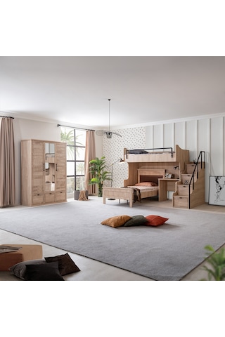Ranza, Polo Genç Odası Takımı Çift Kişilik Çalışma Masalı Ceviz Ranza + Üç Kapaklı Ceviz Dolap 90 X 190 CM