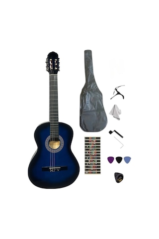 Sap Ayarlı 4/4 Tam Boy Mavi Klasik Gitar Seti Kılıf-pena Dahil