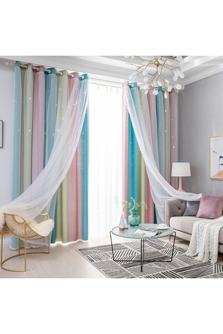 Gajeena Pembe Yıldız Desenli İki Katlı Isı Yalıtımlı Gölgelendirici Perde - Yatak Odası & Oturma Odası - 1 Adet + Bej Bağlama Ipçesi 100x130cm