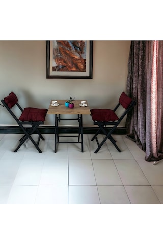 Modern Style Home Balkon Bahçe Mutfak 3'lü Bistro Set Katlanır 2 Sandalye 1 Masa Bordo
