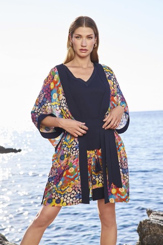 Monamise Kadın Çiçek Desenli Askılı 3'lü Alt Üst Takım 25056 Lacivert