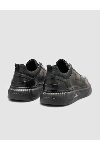 %100 Deri Siyah Taban Armalı Erkek Sneaker Ayakkabı Siyah