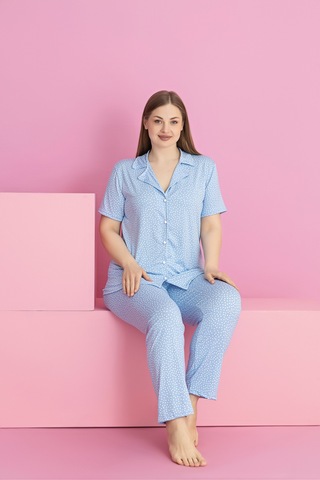 Rindahomewear Büyük Beden Mavı Puantıye Desen Milan Düğmeli Pijama Takımı Mavi