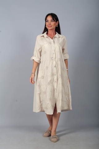 By Saygı Kadın İtalyan Cotton Cepli Kabartma Nakışlı Pullu Oversize Uzun Elbise Bej