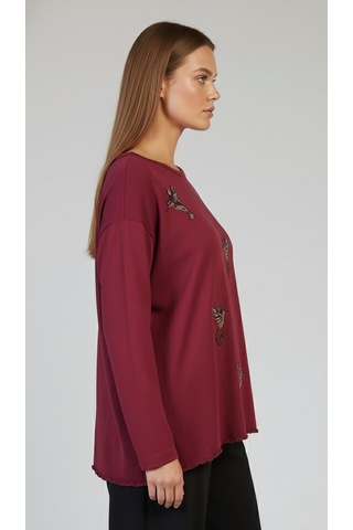 Taş Desenli Uzun Kollu Bambu Viskon Kumaş Bluz Bordo