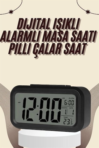 Dijital Masa Saati Termometreli Takvim Çalar Saat Led Ekran Pilli Antrasit Melanj