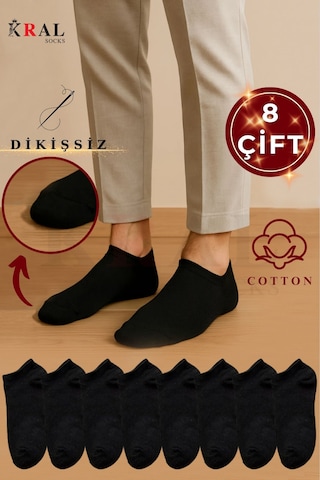 Kral Socks Kadın - Erkek 8 Çift Cotton Dikişsiz Soft Görünmez Penye Patik Bilek Çorap Siyah
