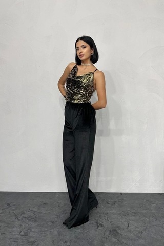 Defymoda Gold Askılı Degaje Bluz Gold