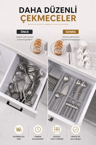 Çekmece İçi Bıçaklık Organizer Bölmeli Mutfak Düzenleyici Gri S-11029