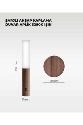 Şarjlı Sensörlü Duvar Apliği Ahşap Kaplama Mıknatıslı, Usb Type-c Şarjlı, 3200k Sıcak Işık, Akıllı Hareket Sensörlü Led Kahverengi