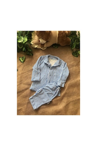 Megalaksi Erkek Çocuk Önden Düğmeli Çizgili Mavi Gaffur Pijama Takımı