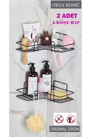 Orsa Home 2 Adet Geniş L Tasarım Güçlü Magic Yapışkanlı Siyah Banyo Köşe Rafı 229 Siyah