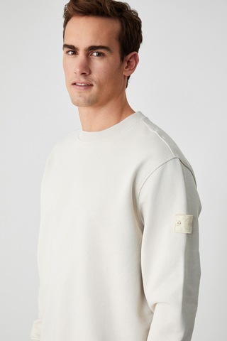 Grimelange OLLIE Erkek Bisiklet Yaka Regular Uzun Kollu Nakış Detaylı Bej Sweatshirt