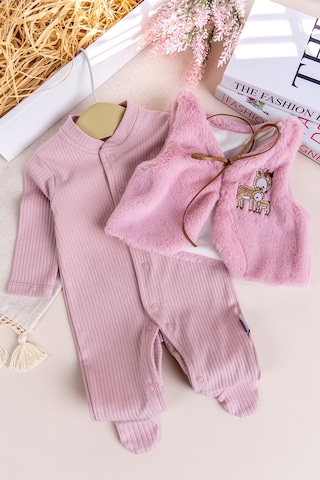 Peluş Yelekli Pamuklu İkili Kız Bebek Tulum Set Gülkurusu