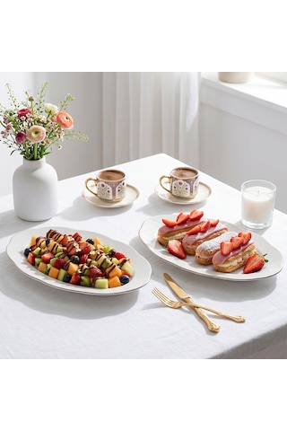 Porsima 4451 Yonca Porselen Platin Fileli Kayık Tabak Seti - Oval Kahvaltılık Sunumluk Seti 30cm Beyaz
