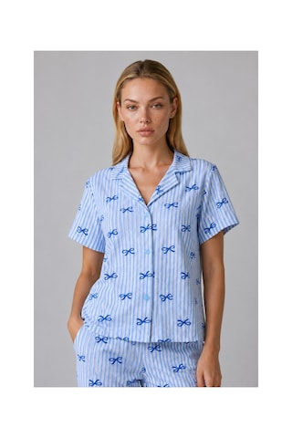 Fit Women Mavi Kurdele Desenli Çizgili Bürümcük Pijama Takımı 4645-mavi