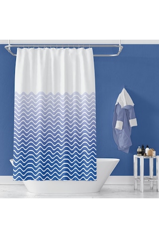 Banyo Perdesi Mavi Dalga Desen Yerli Üretim Duş Perdesi C-halka 180x200cm Banyo Perdesi Mavi