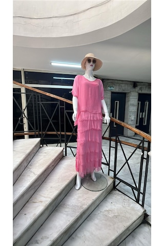 İtalyan 2 Beden Ince Gösteren Yarım Kol Kat Kat Ipek Elbise Pembe