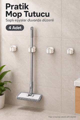 Yapışkanlı Mop Süpürge Tutucu 4'lü Set Fırça Askısı Çok Renkli