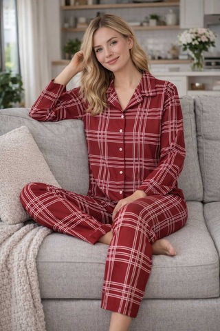 Tenra Kadın Pijama Takımı Licralı Boydan Düğme Bordo