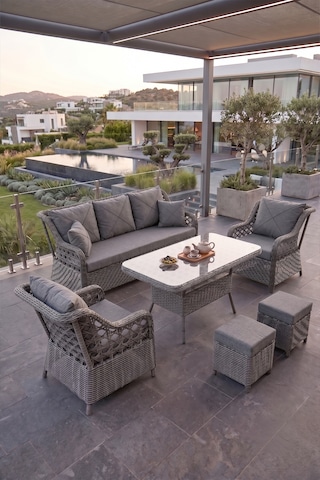 Frezya Serisi 1. Sınıf 3+1+1+2+2 Yastık Gri Rattan Gri Minder Bahçe Balkon Oturma Koltuk Takımı